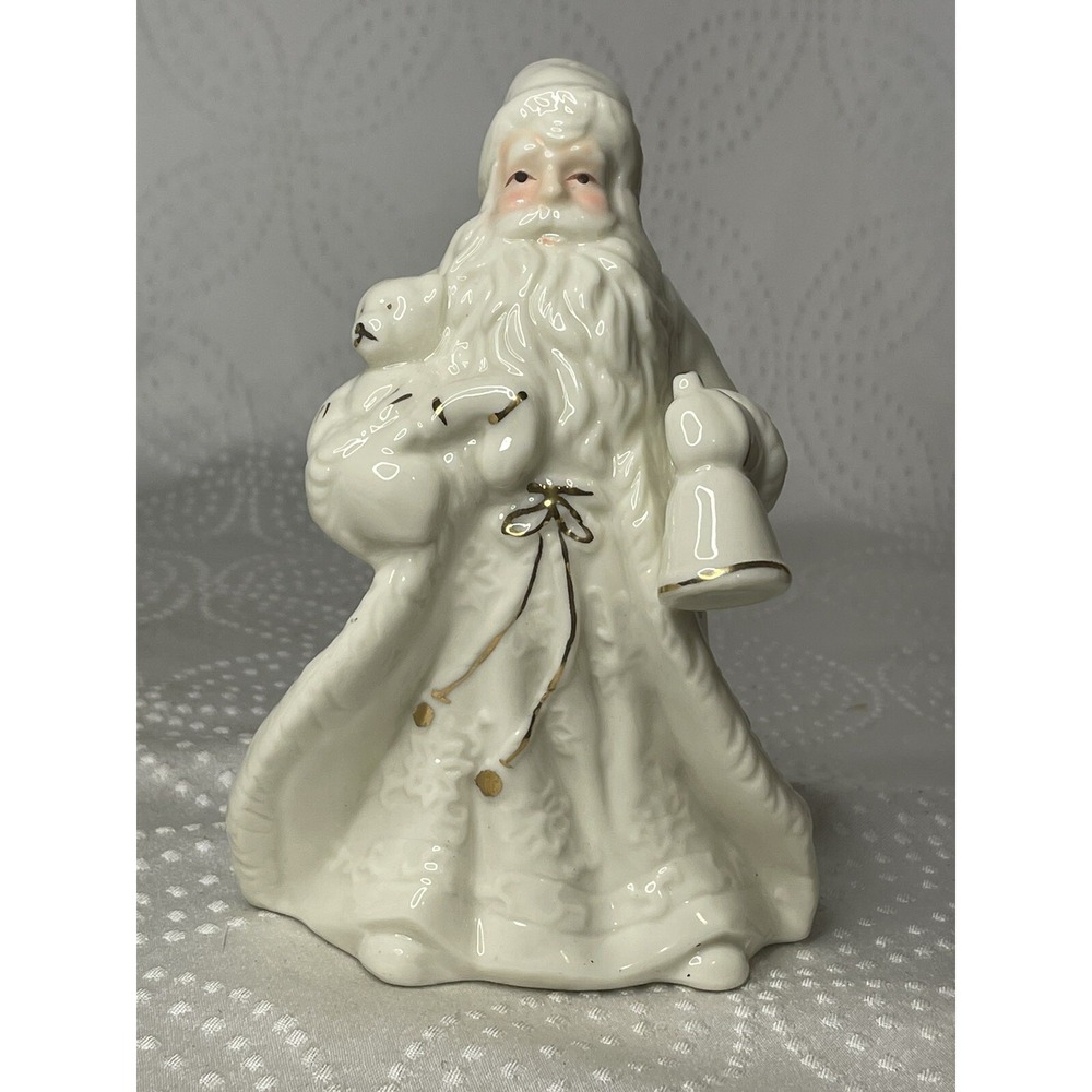 6" Santa w/ Bell & Toys  Figurine White Ceramic w/ Gold Trim K's Collection